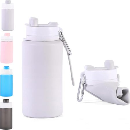 Collapsible Water Bottles 26oz with Spout & Carabiner, Odorless BPA-Free Silicone, Leak-Proof Foldable Reusable Bottle - Perfect for Travel Sports Gym Hiking Camping Cycling - Light Gray