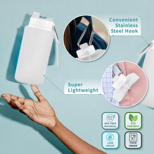 Collapsible Water Bottles 26oz with Spout & Carabiner, Odorless BPA-Free Silicone, Leak-Proof Foldable Reusable Bottle - Perfect for Travel Sports Gym Hiking Camping Cycling - Light Gray - Image 4
