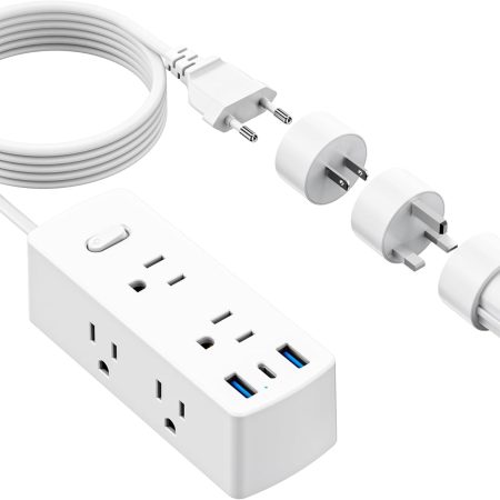 European Travel Plug Adapter, Olcorife Power Strip with EU UK US Plug Adapter, 6 Outlets 3 USB Ports with 5ft Extension Cord, International Power Adapter for US to Europe UK