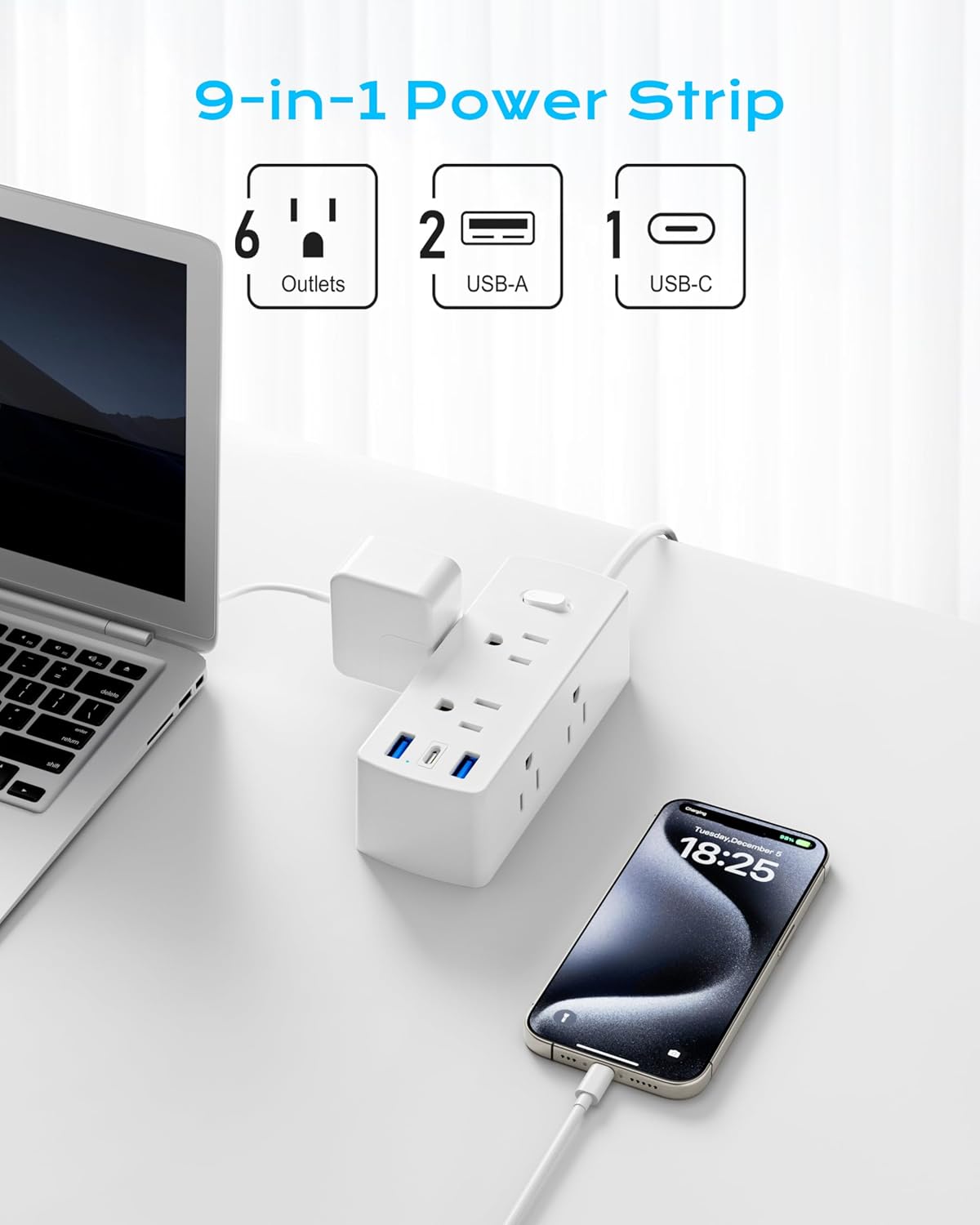 European Travel Plug Adapter, Olcorife Power Strip with EU UK US Plug Adapter, 6 Outlets 3 USB Ports with 5ft Extension Cord, International Power Adapter for US to Europe UK - Image 2