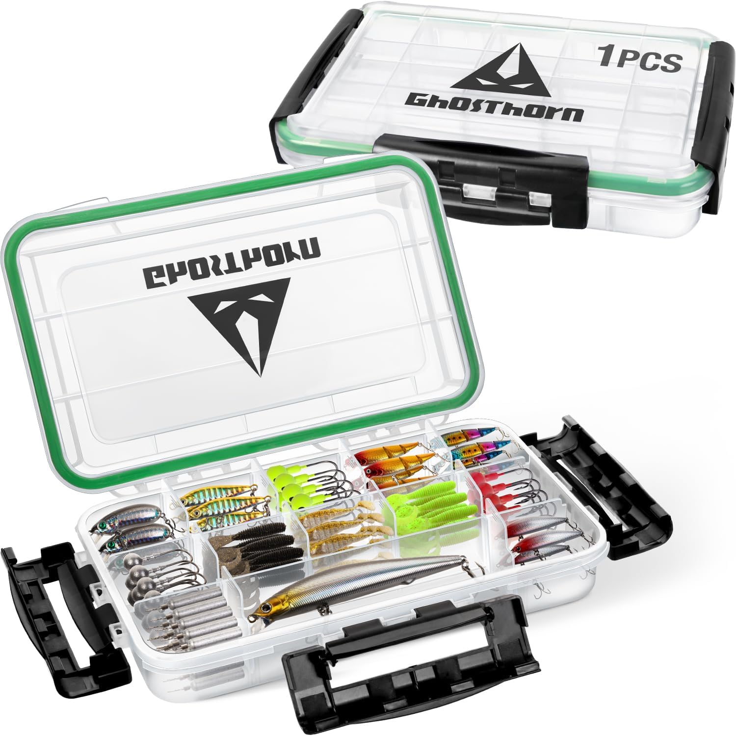 Ghosthorn Fishing Tackle Box, Waterproof 3600 and 3700 Tackle Trays, Plastic Tackle Box Organizer with Removable Dividers Storage Lure Box for Lures 1 and 4 Pack