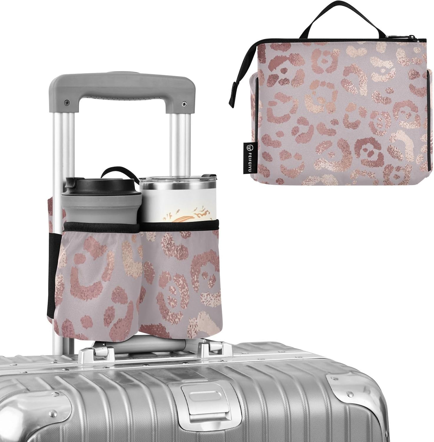 Luggage Travel Cup Holder Rose Gold Leopard Skin Drink Holder Bag Hands Free Travel Accessories - Image 2