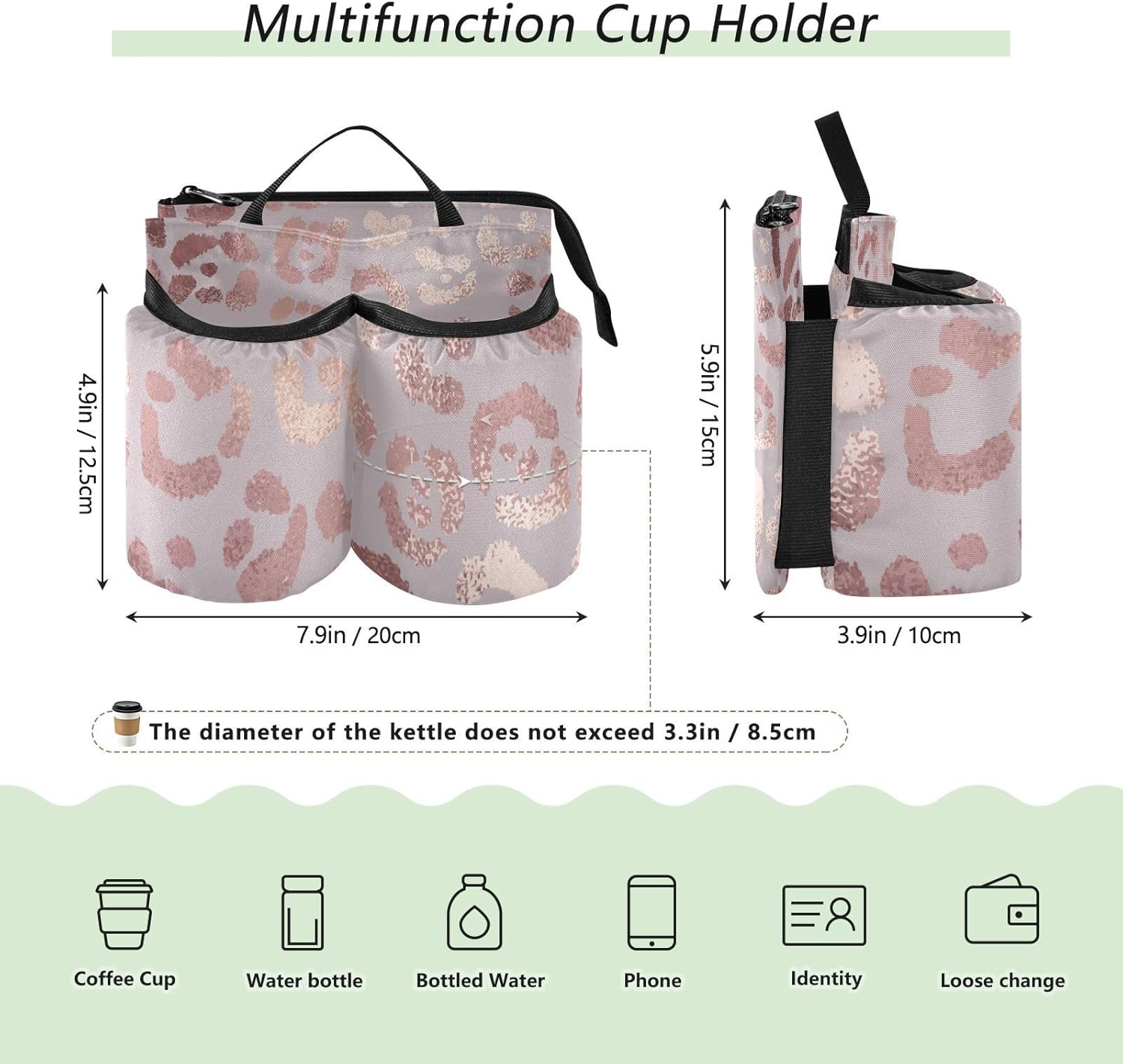 Luggage Travel Cup Holder Rose Gold Leopard Skin Drink Holder Bag Hands Free Travel Accessories - Image 3