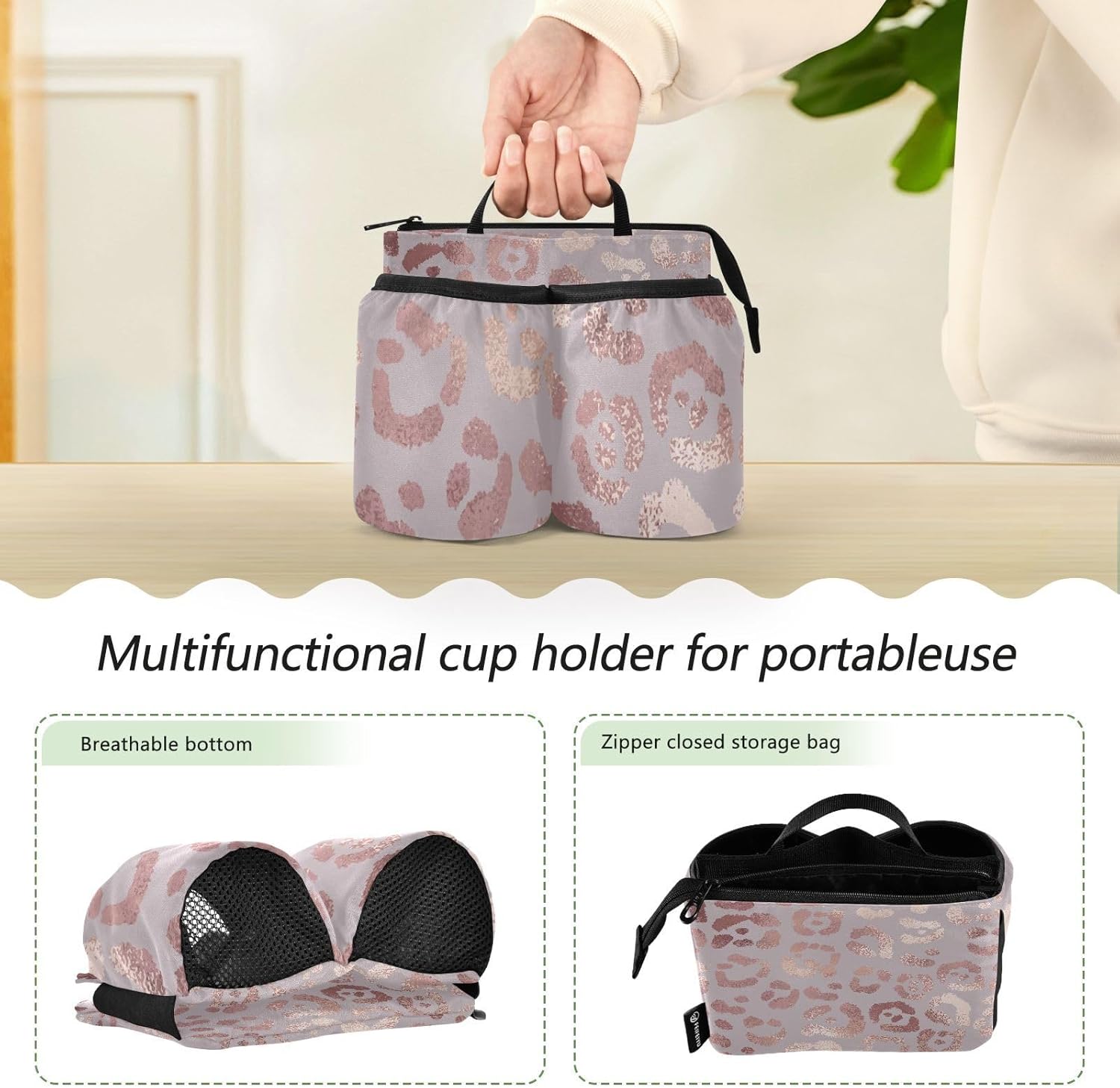 Luggage Travel Cup Holder Rose Gold Leopard Skin Drink Holder Bag Hands Free Travel Accessories - Image 4