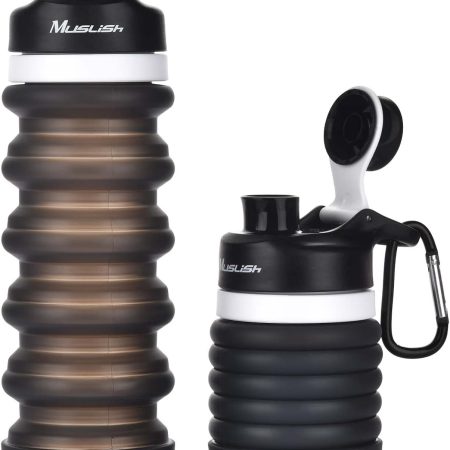 Muslish Collapsible Water Bottle 18oz(550ml), BPA Free Silicone Foldable Water Bottles for Travel Gym Camping Hiking, Reuseable Portable Leak Proof Sports Water Bottle with Carabiner(Charcoal Gray)