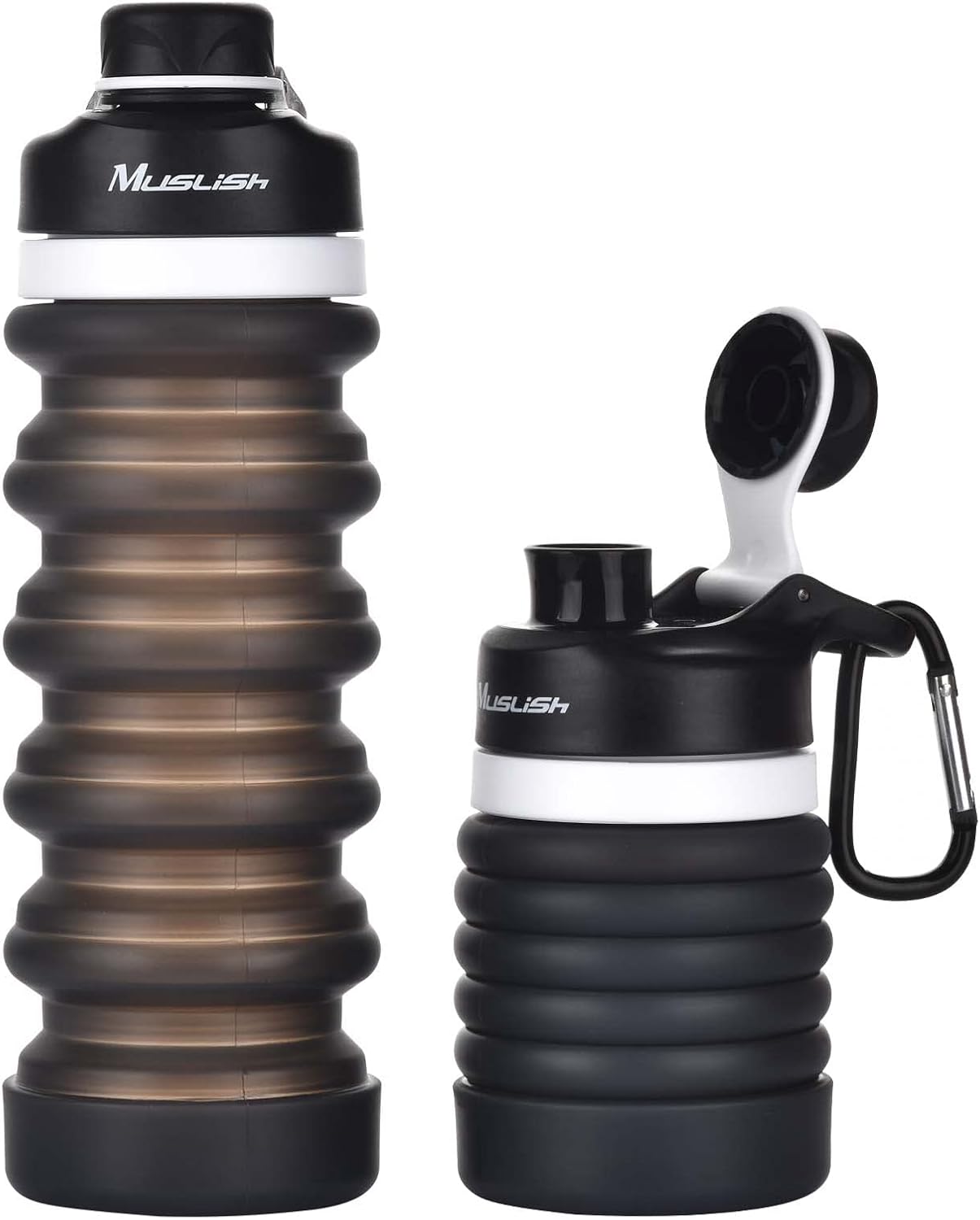 Muslish Collapsible Water Bottle 18oz(550ml), BPA Free Silicone Foldable Water Bottles for Travel Gym Camping Hiking, Reuseable Portable Leak Proof Sports Water Bottle with Carabiner(Charcoal Gray)