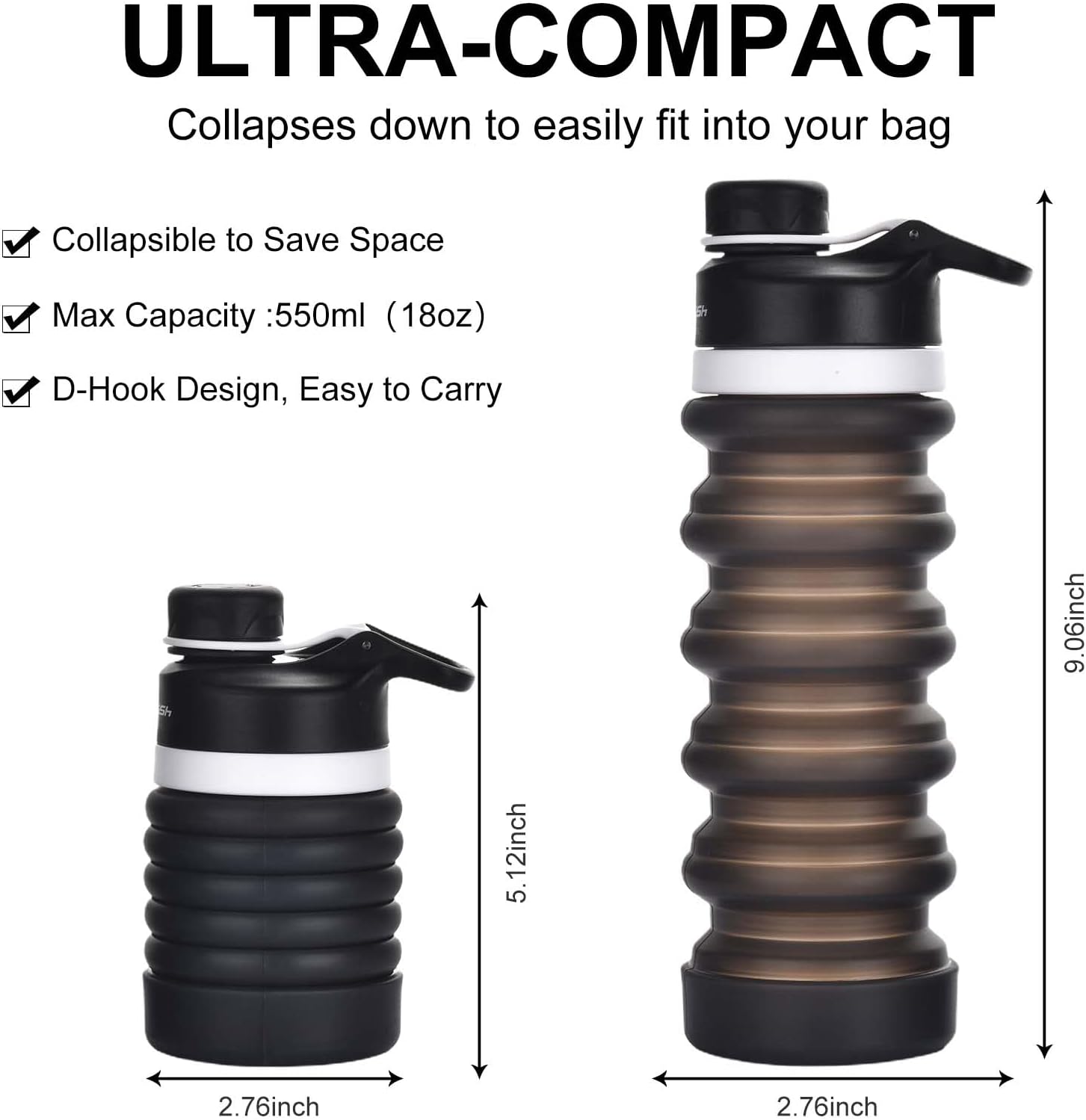 Muslish Collapsible Water Bottle 18oz(550ml), BPA Free Silicone Foldable Water Bottles for Travel Gym Camping Hiking, Reuseable Portable Leak Proof Sports Water Bottle with Carabiner(Charcoal Gray) - Image 2