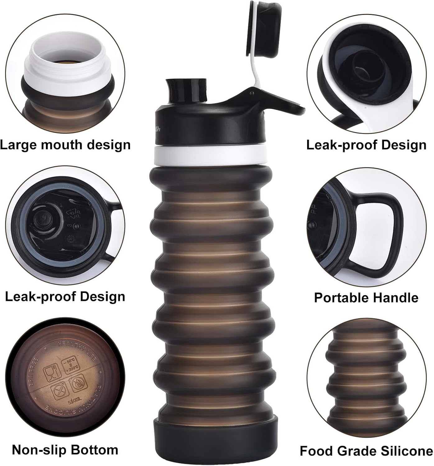 Muslish Collapsible Water Bottle 18oz(550ml), BPA Free Silicone Foldable Water Bottles for Travel Gym Camping Hiking, Reuseable Portable Leak Proof Sports Water Bottle with Carabiner(Charcoal Gray) - Image 3
