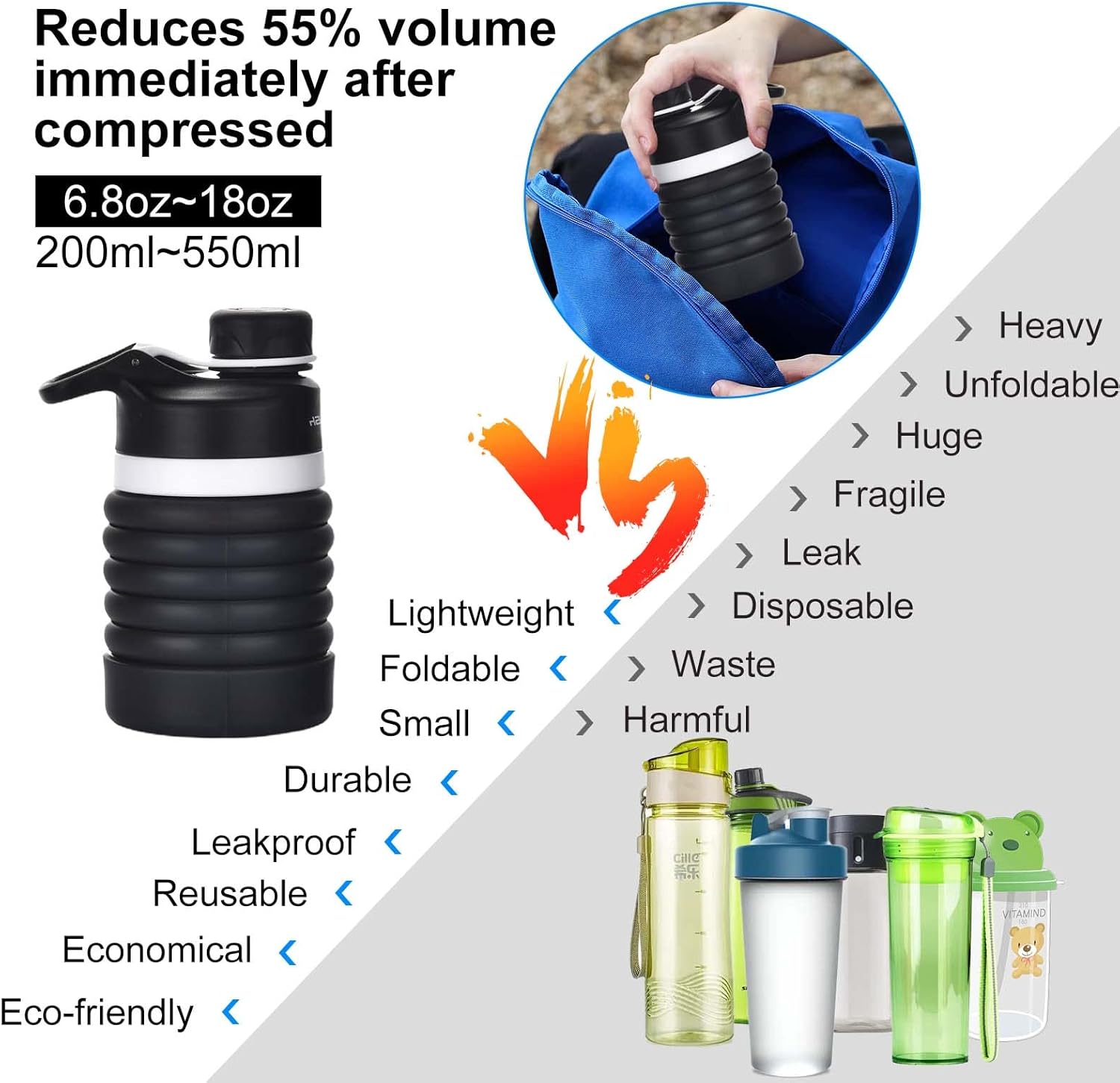 Muslish Collapsible Water Bottle 18oz(550ml), BPA Free Silicone Foldable Water Bottles for Travel Gym Camping Hiking, Reuseable Portable Leak Proof Sports Water Bottle with Carabiner(Charcoal Gray) - Image 4