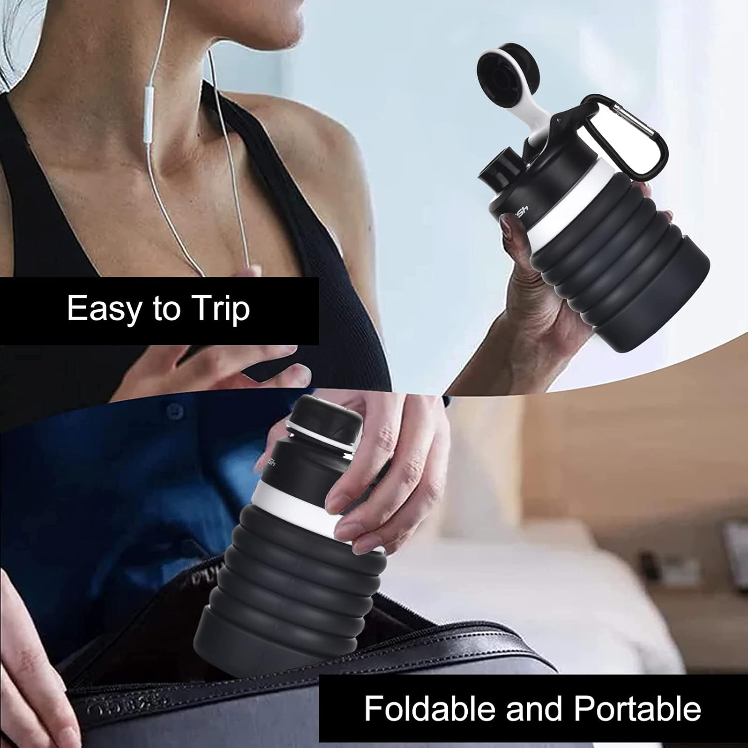 Muslish Collapsible Water Bottle 18oz(550ml), BPA Free Silicone Foldable Water Bottles for Travel Gym Camping Hiking, Reuseable Portable Leak Proof Sports Water Bottle with Carabiner(Charcoal Gray) - Image 6