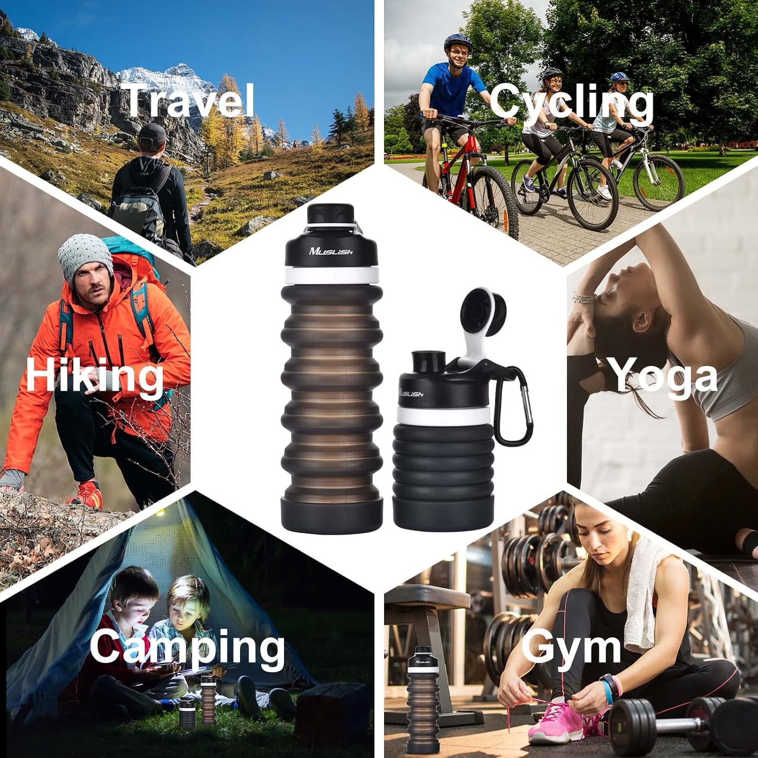 Muslish Collapsible Water Bottle 18oz(550ml), BPA Free Silicone Foldable Water Bottles for Travel Gym Camping Hiking, Reuseable Portable Leak Proof Sports Water Bottle with Carabiner(Charcoal Gray) - Image 7