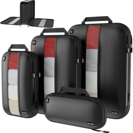 Premium Ultralight Compression Packing Cubes for Travel Luggage Organizer Set (Double Sided Clean Dirty - Black - 4 Set)