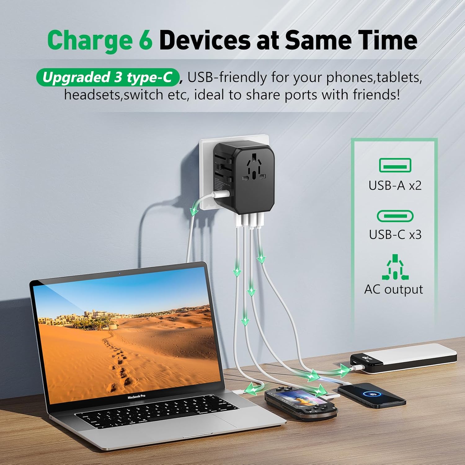 Universal Travel Adapter International Plug - European Travel Plug Adapter Worldwide US AUS EU UK Spain Germany Ireland Italy - All-in-one Travel Outlet Power Adapter with 3 USB C 2 USB A - Image 4